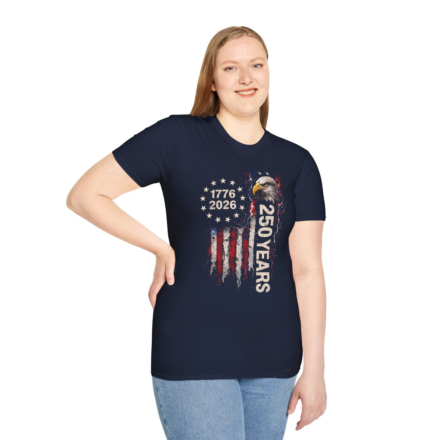 250 Years of Freedom T-Shirt | 1776–2026 USA 250th Anniversary Bald Eagle Patriotic Tee | Gildan Softstyle 64000 Unisex
