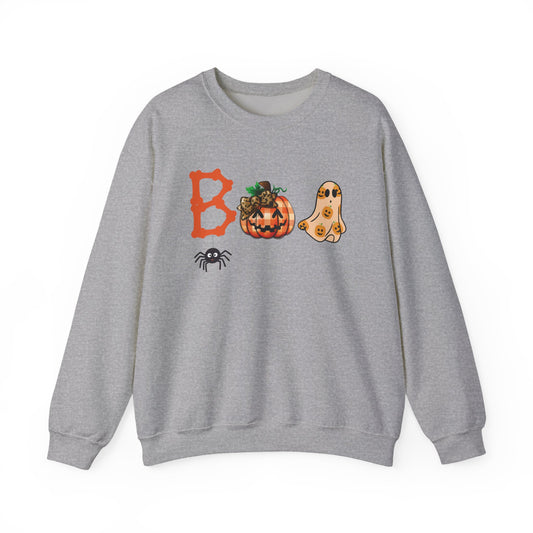BOO Halloween Sweatshirt – Unisex Cozy Fall Crewneck with Pumpkin, Ghost &amp; Spider Design