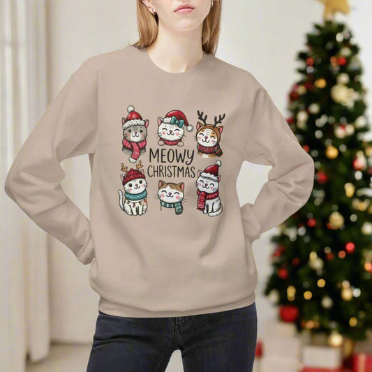 Meowy Christmas Cat Sweatshirt | Cozy Unisex Holiday Pullover for Cat Lovers Unisex Midweight Softstyle Fleece Crewneck Sweatshirt