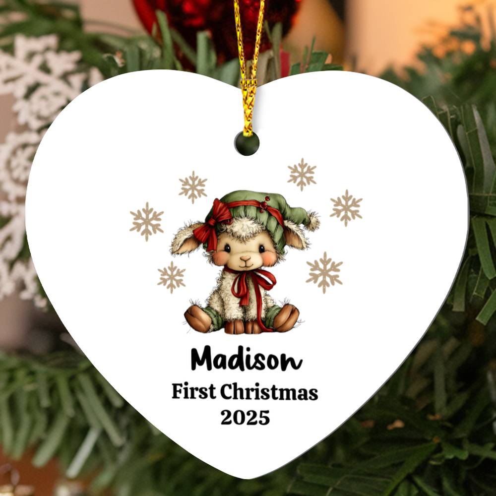 Personalized Baby's First Christmas Ornament 2025 - Lamb Design - High Gloss MDF Holiday Keepsake