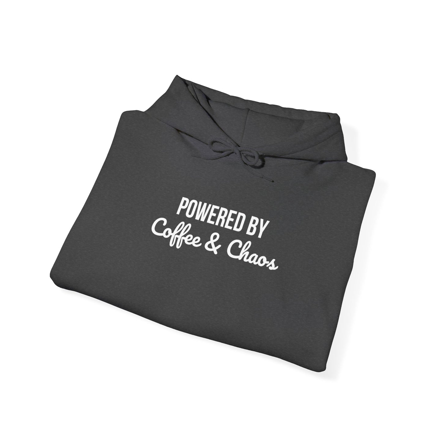 Coffee & Chaos Hoodie — "Powered by Coffee & Chaos" Graphic Hooded Sweatshirt