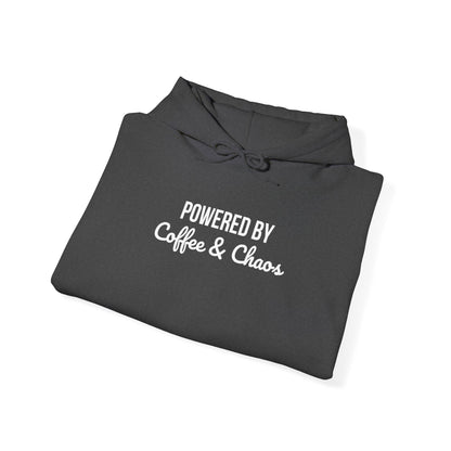 Coffee & Chaos Hoodie — "Powered by Coffee & Chaos" Graphic Hooded Sweatshirt