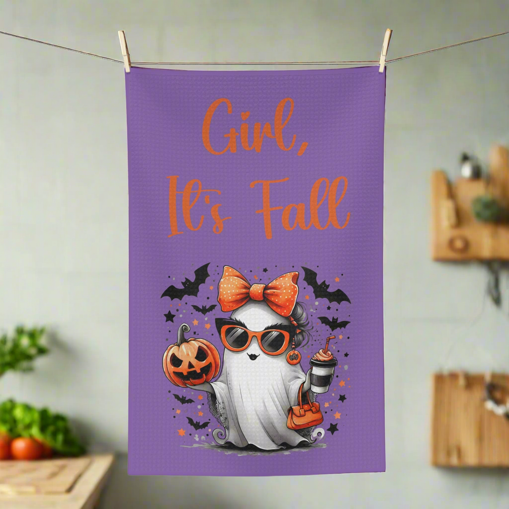 Kitchen Towel - Girl, It's Fall Purple Tea Towel with Ghost Design