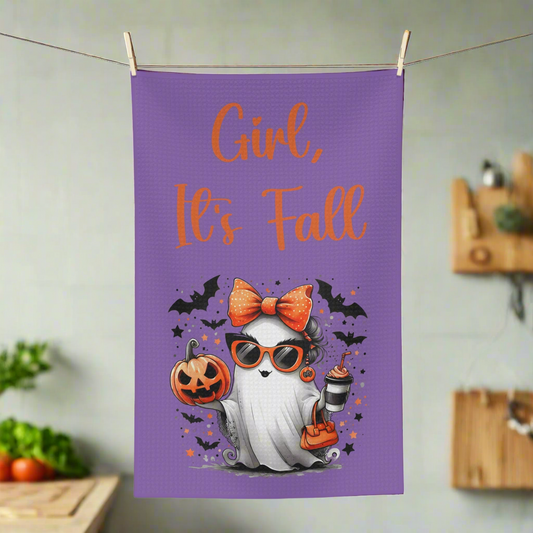 Kitchen Towel - Girl, It's Fall Purple Tea Towel with Ghost Design