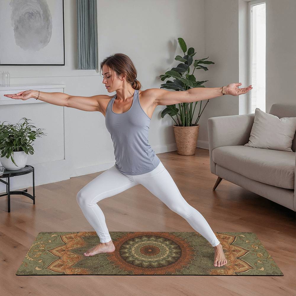 Mandala non-slip rubber yoga mat with suede top used for home yoga practice, balance poses, and meditation