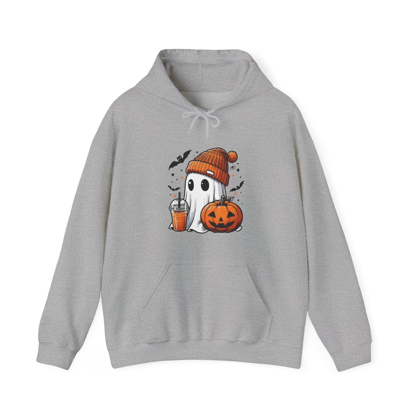 Cute Halloween Ghost in Beanie Unisex Heavy Blend Hooded Sweatshirt - Cozy Autumn Coffee Lover Pullover Hoodie