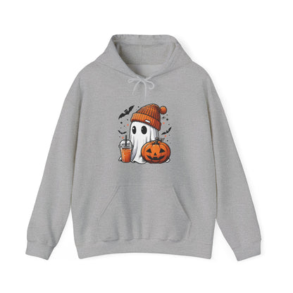 Cute Halloween Ghost in Beanie Unisex Heavy Blend Hooded Sweatshirt - Cozy Autumn Coffee Lover Pullover Hoodie