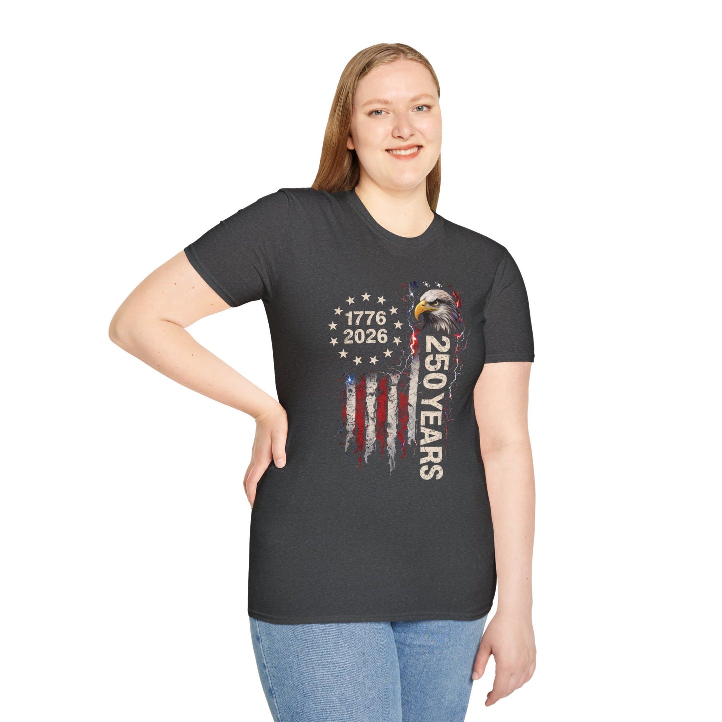 250 Years of Freedom T-Shirt | 1776–2026 USA 250th Anniversary Bald Eagle Patriotic Tee | Gildan Softstyle 64000 Unisex