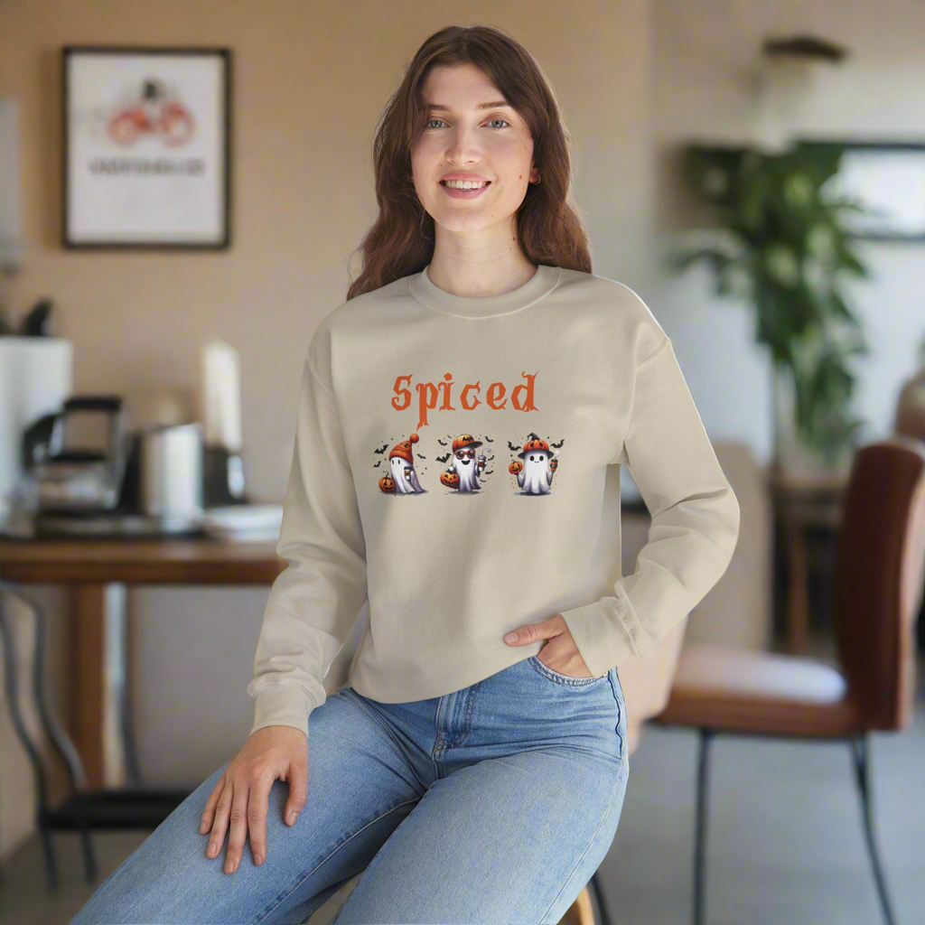 Spiced Boy Ghost Coffee Crewneck Sweatshirt with Pumpkins