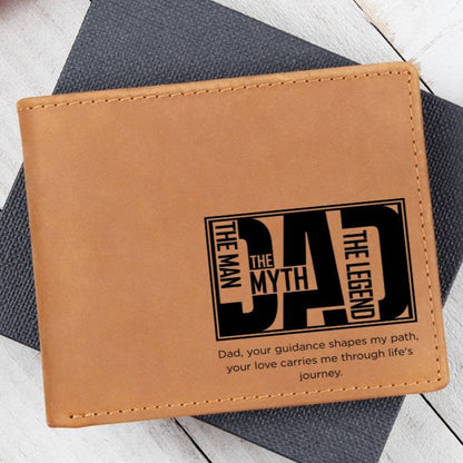 Brown leather wallet for Dad with sentimental printed message – “Dad, your guidance shapes my path, your love carries me through life’s journey