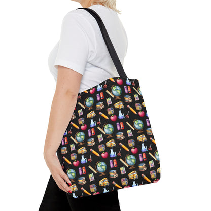 Tote with globe, pencils, and other school supplies 