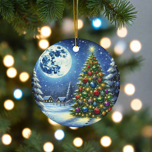 Festive Winter Scene with Christmas Tree & Full Moon Ceramic Ornament