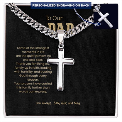 Personalized Cross Necklace with Cuban Link Chain for Dad featuring engraved cross pendant, Christian faith message card, Father's Day gift, religious jewelry for men, custom engraved keepsake.