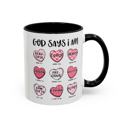 God Says I Am Inspirational Mug – Heart Design with Bible Verses, Comfort Grip Handle Accent Coffee Mug (11oz)