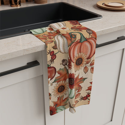 Kitchen Tea Towel with Fall Leaves and Sunflowers