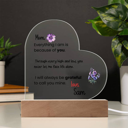 Personalized Mom Acrylic Heart Plaque with LED Light Base – Sentimental Mother Gift from Daughter or Son – Mother’s Day, Birthday, Keepsake Decor