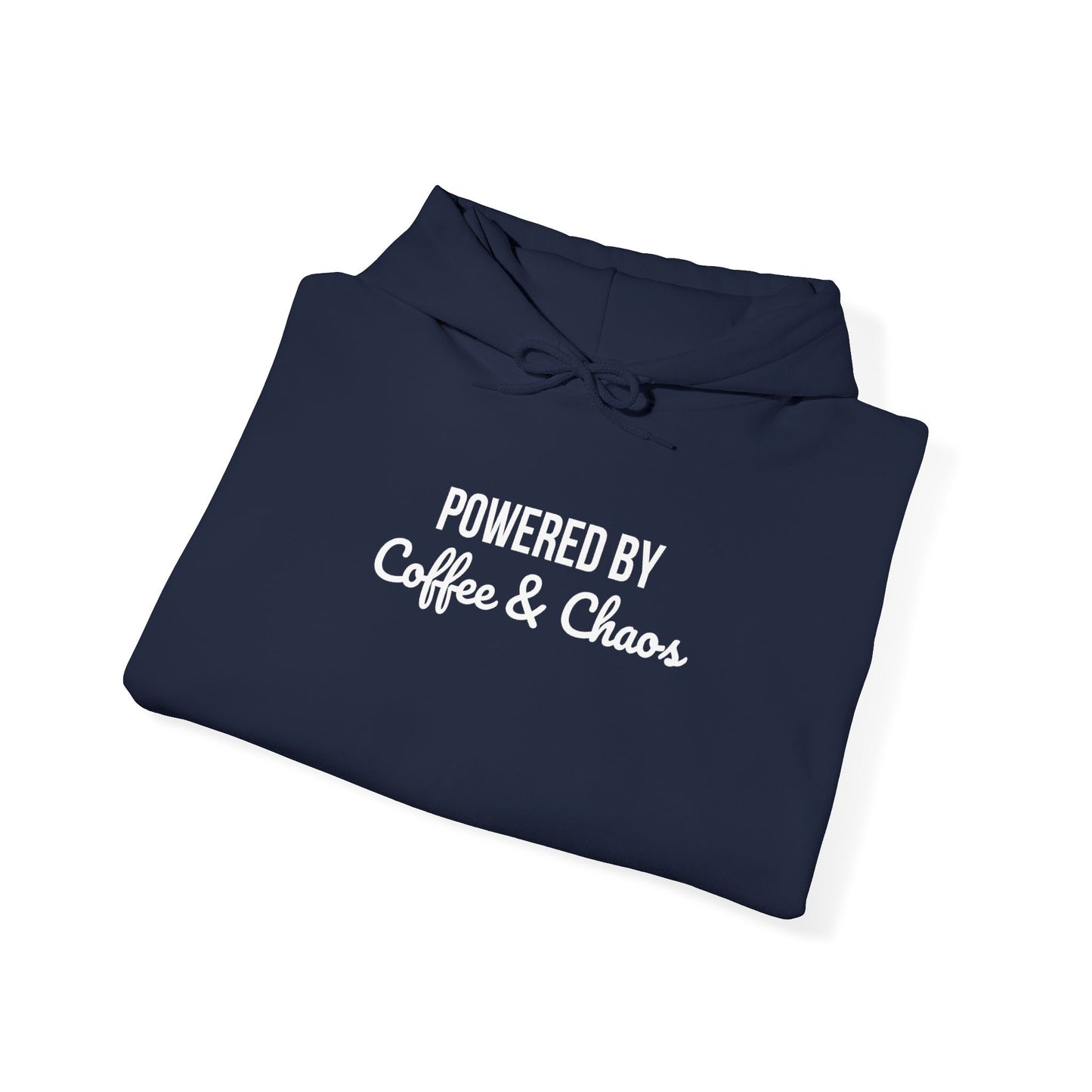 Coffee & Chaos Hoodie — "Powered by Coffee & Chaos" Graphic Hooded Sweatshirt