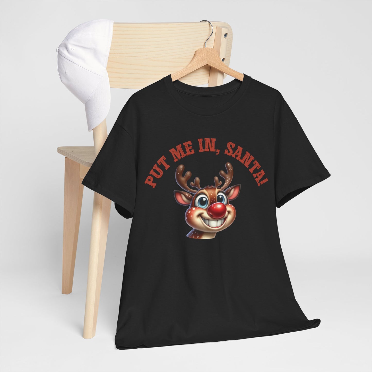 Put Me In, Santa Smiling Deer Unisex Heavy Cotton Tee – Fun and Festive Christmas Shirt