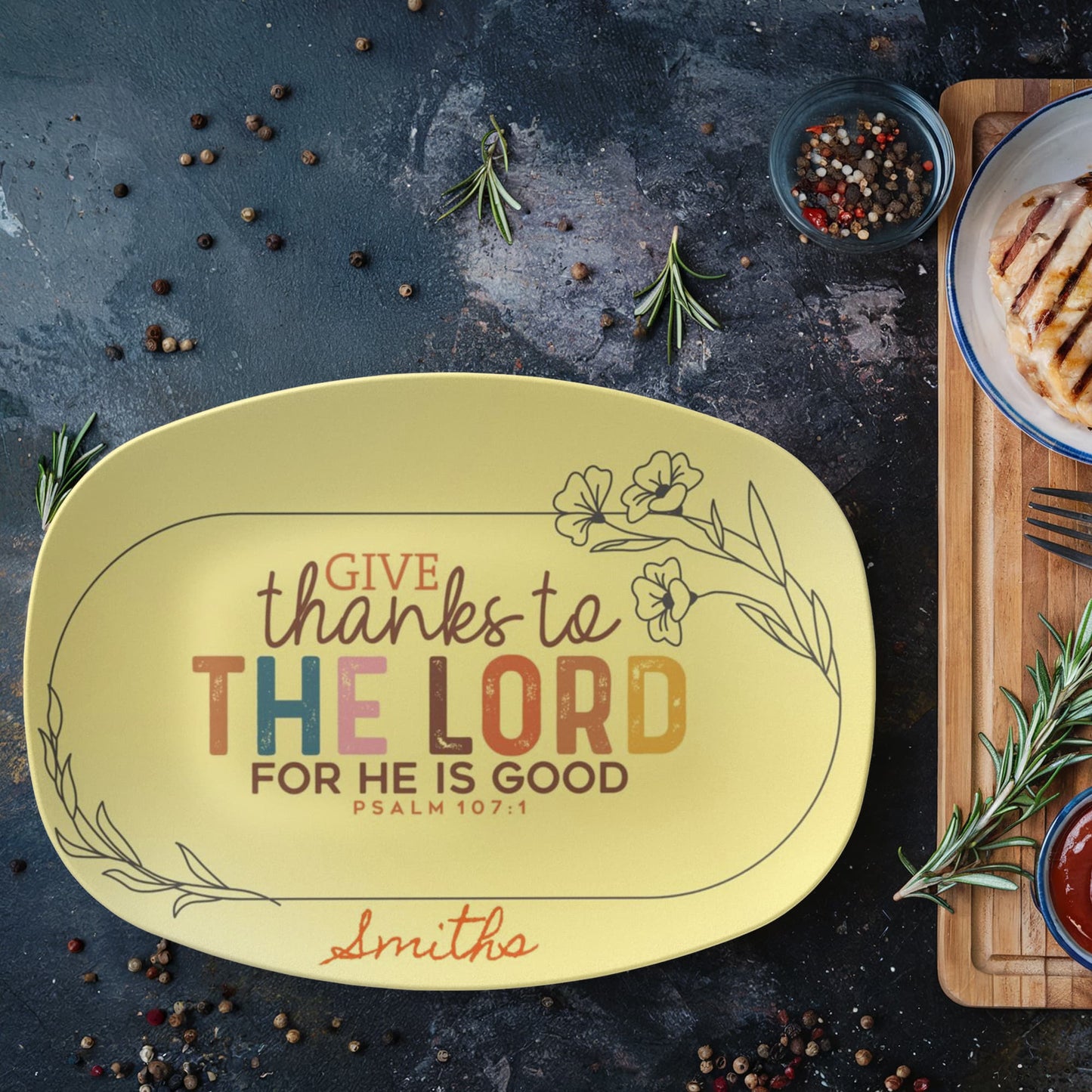 Personalized “Give Thanks to the Lord” Thanksgiving Platter – Custom Family Name Dinnerware