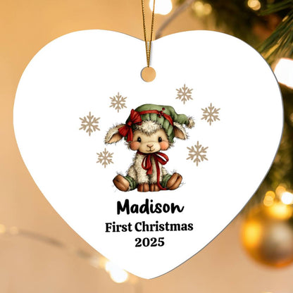 Personalized Baby's First Christmas Ornament 2025 - Lamb Design - High Gloss MDF Holiday Keepsake