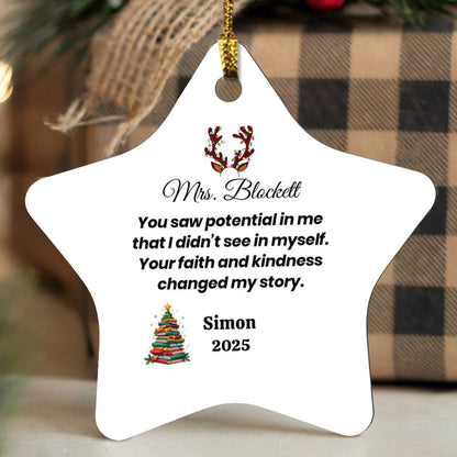 Personalized Teacher Star Ornament – “You Saw Potential in Me” Keepsake