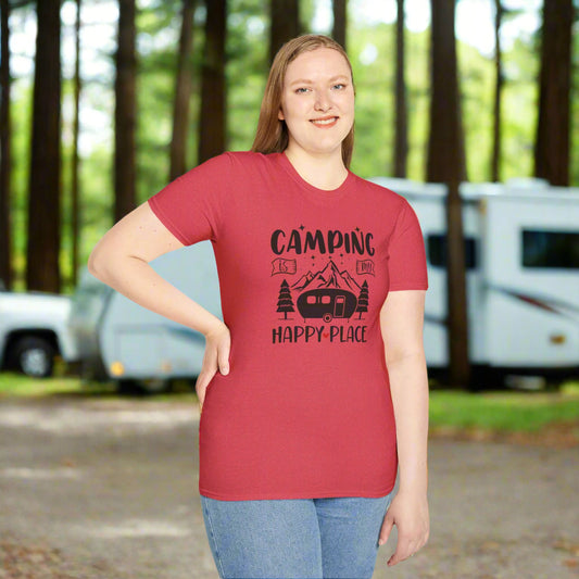 Camping Is My Happy Place – Unisex Softstyle Adventure T-Shirt for Outdoor Lovers