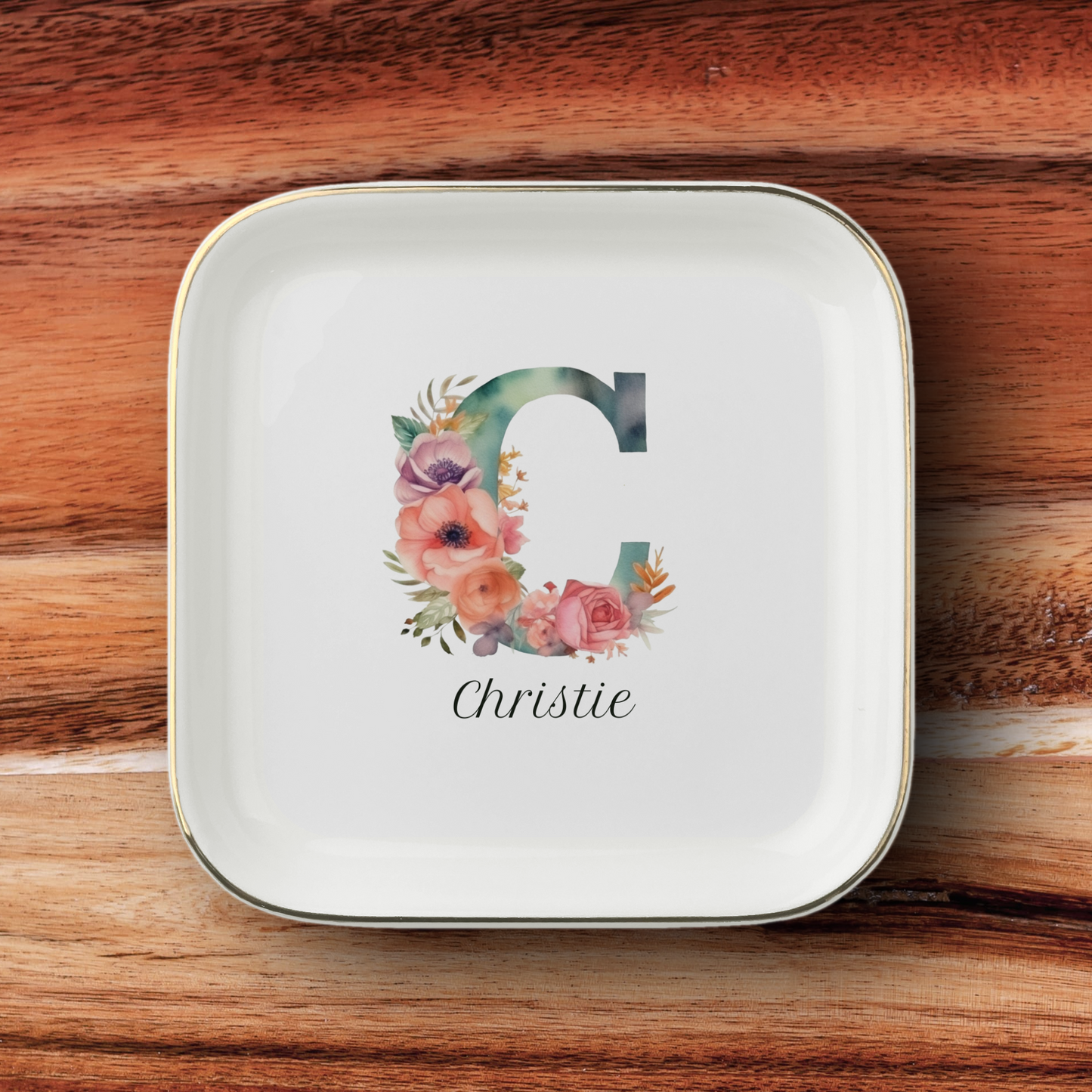 Personalized Floral Initial Jewelry Dish – Custom Ceramic Ring Holder