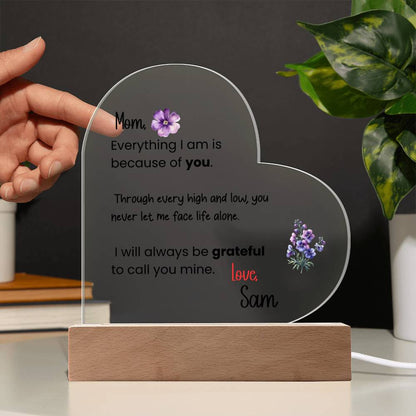 Personalized Mom Acrylic Heart Plaque with LED Light Base – Sentimental Mother Gift from Daughter or Son – Mother’s Day, Birthday, Keepsake Decor