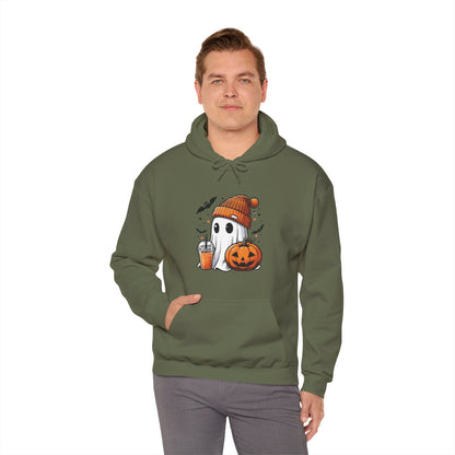 Cute Halloween Ghost in Beanie Unisex Heavy Blend Hooded Sweatshirt - Cozy Autumn Coffee Lover Pullover Hoodie