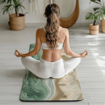Woman meditating in lotus pose on premium rubber yoga mat with marble design pattern in peaceful home studio with plants and natural light