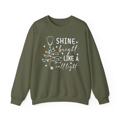 Shine Bright Like a Call Light Christmas Nurse Sweatshirt – Unisex Cozy Stethoscope Tree Crewneck for Healthcare Workers