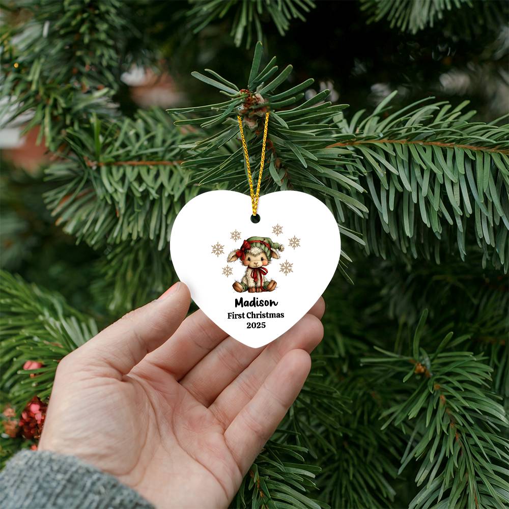 Personalized Baby's First Christmas Ornament 2025 - Lamb Design - High Gloss MDF Holiday Keepsake