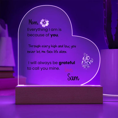 Personalized Mom Acrylic Heart Plaque with LED Light Base – Sentimental Mother Gift from Daughter or Son – Mother’s Day, Birthday, Keepsake Decor