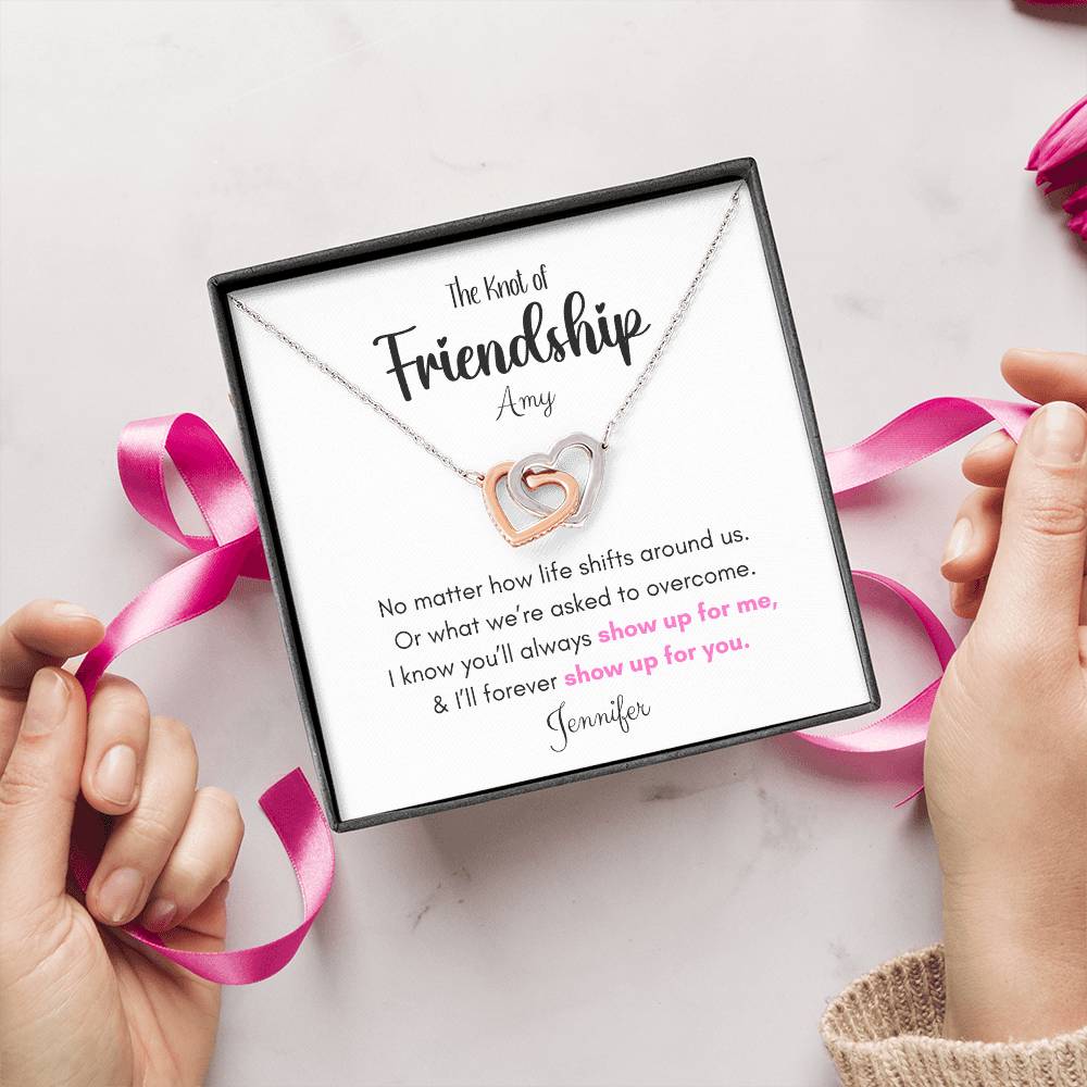 Friendship Gift-Interlocking Hearts Necklace , Rose Gold
