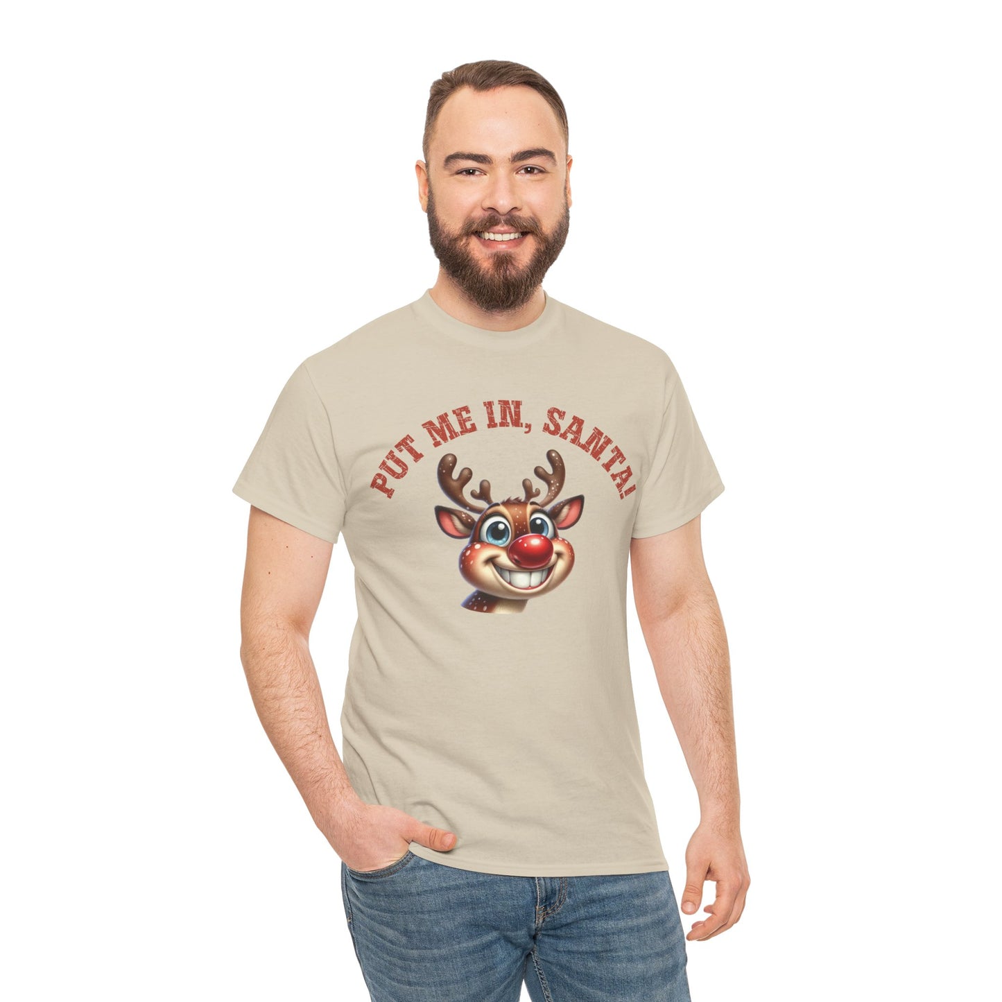 Put Me In, Santa Smiling Deer Unisex Heavy Cotton Tee – Fun and Festive Christmas Shirt