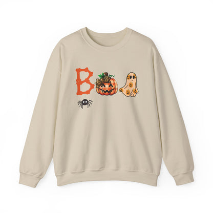 BOO Halloween Sweatshirt – Unisex Cozy Fall Crewneck with Pumpkin, Ghost &amp; Spider Design