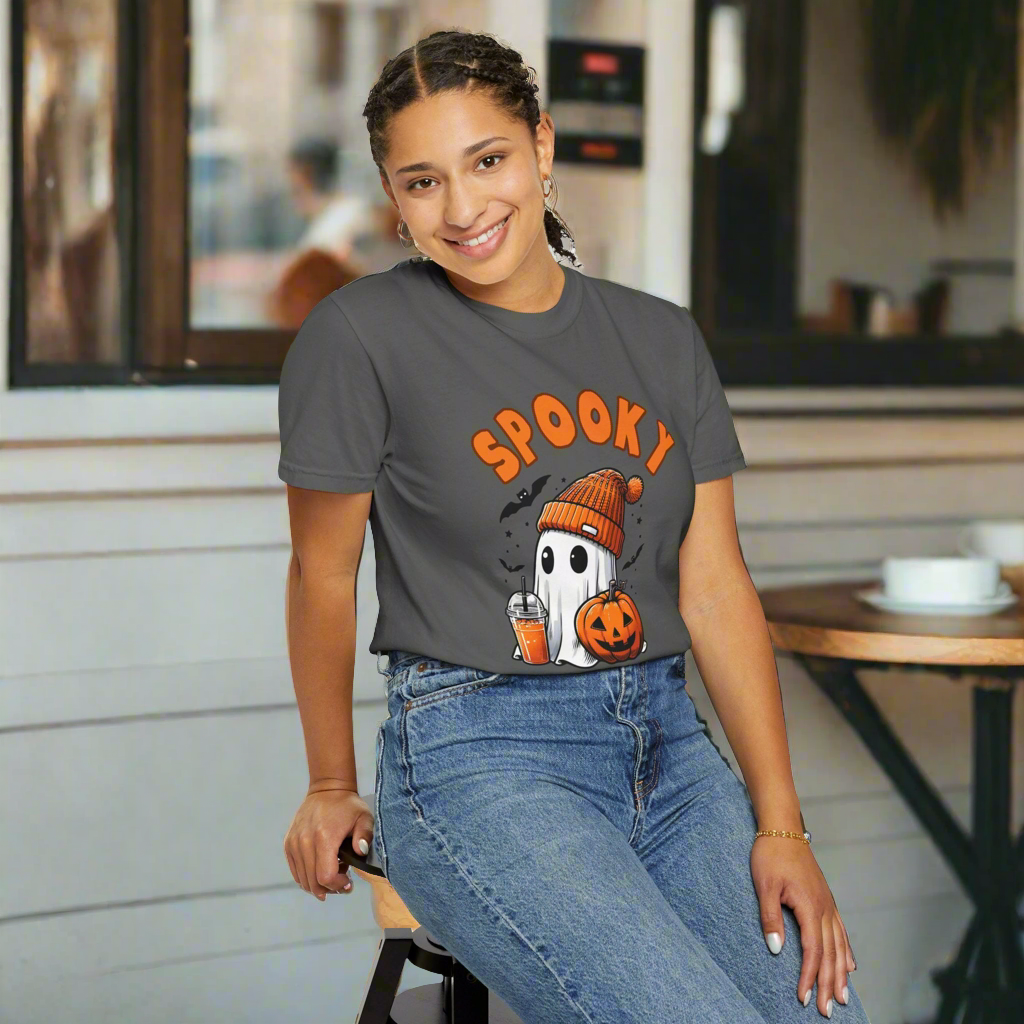 Spooky Ghost with Drink and Pumpkin Garment-Dyed T-shirt