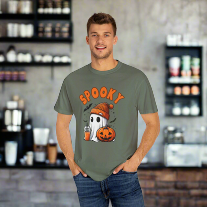 Spooky Ghost with Drink and Pumpkin Garment-Dyed T-shirt