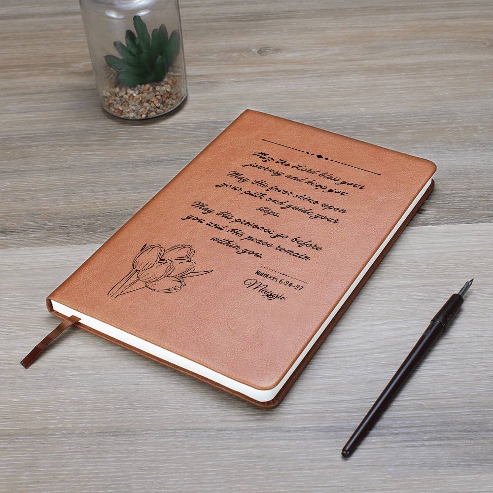 Personalized Christian Leather Journal Tulips– Numbers 6:24-27 Blessing Notebook | Graduation Gift, Birthday Gift, Faith Journal, Vegan Leather Journal