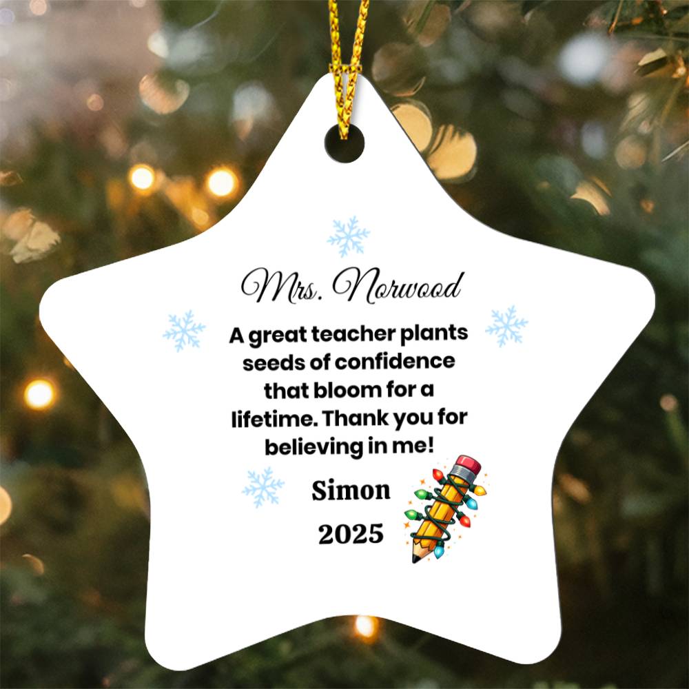 Personalized Teacher Star Ornament – “Thank You For Believing in Me” Gift