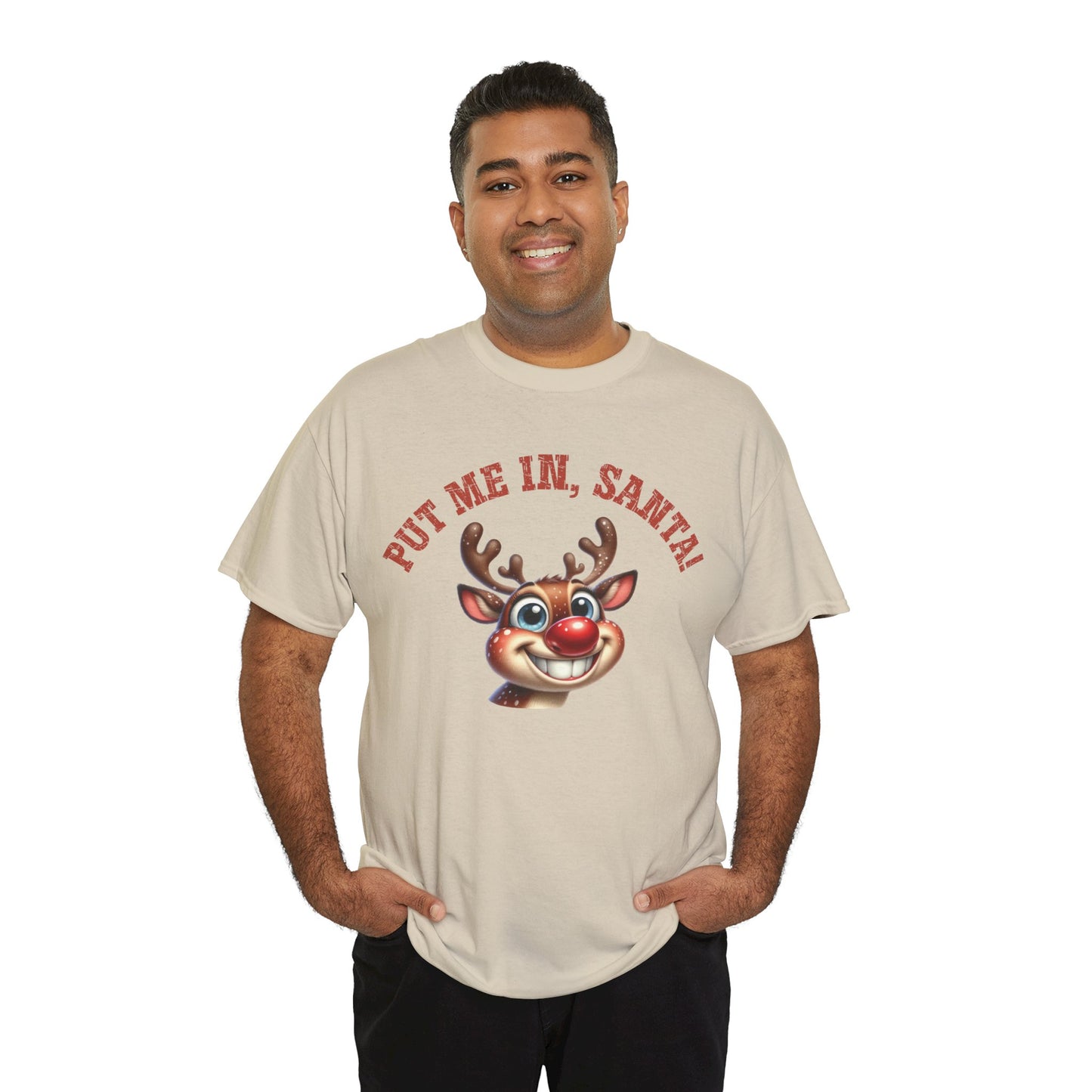 Put Me In, Santa Smiling Deer Unisex Heavy Cotton Tee – Fun and Festive Christmas Shirt