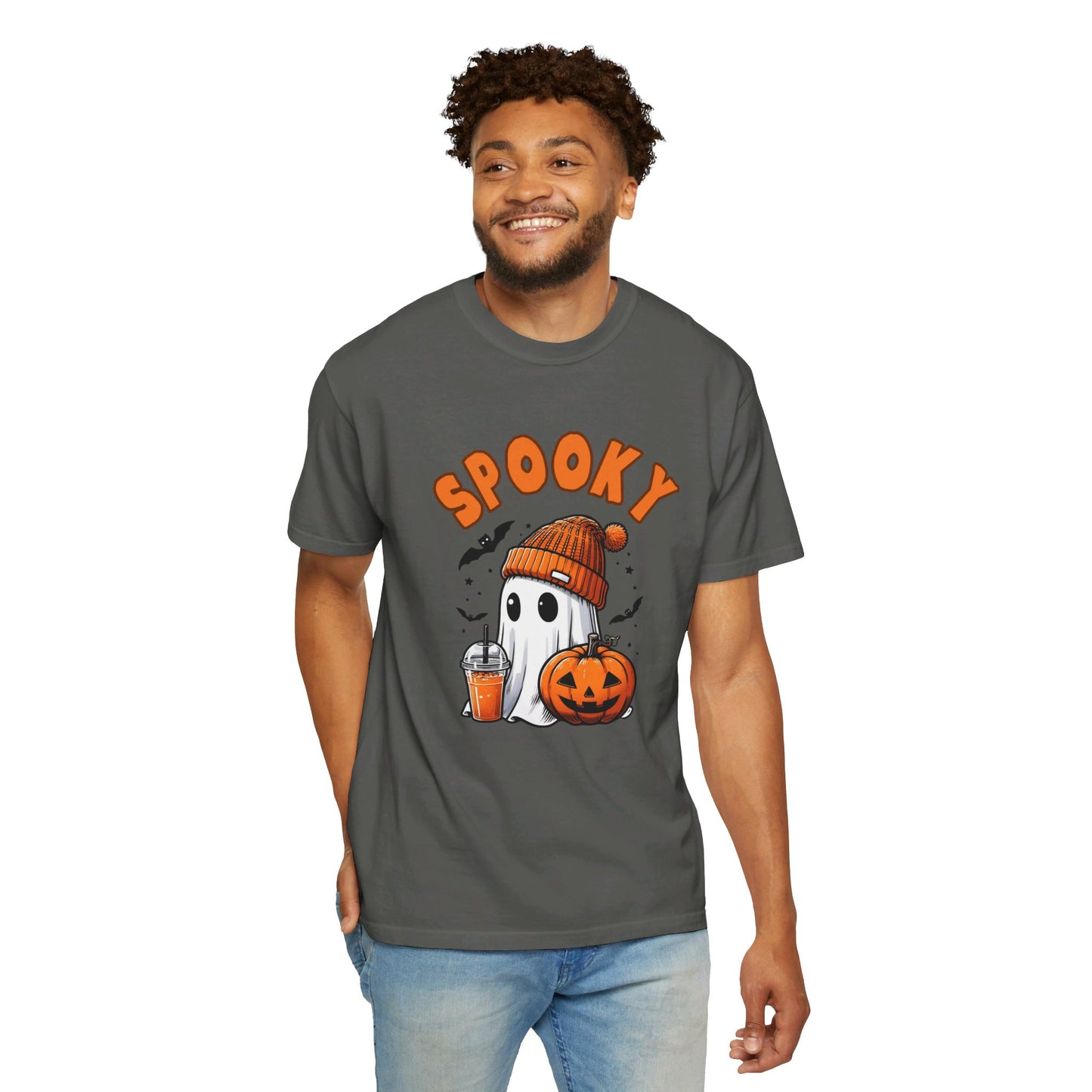 Spooky Ghost with Drink and Pumpkin Garment-Dyed T-shirt