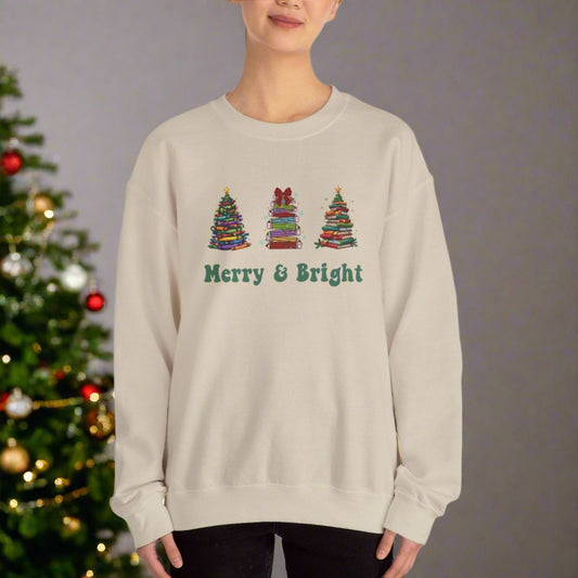 Merry & Bright Crayon, Pencil, and Book Christmas Sweatshirt | Cozy Unisex Holiday Crewneck