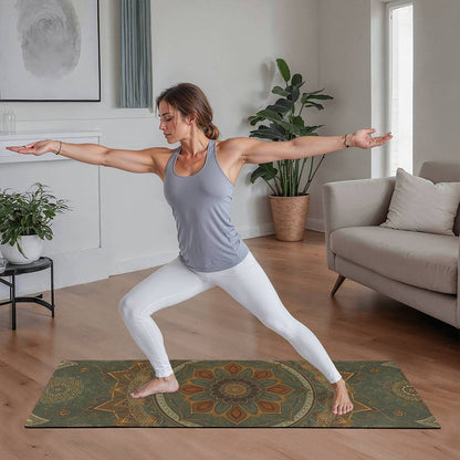 Woman practicing yoga in Warrior II pose on a mandala rubber yoga mat with anti-slip backing in a modern home workout space