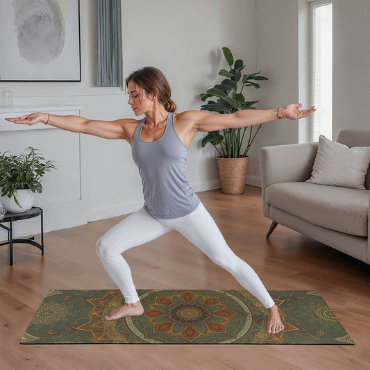 Woman practicing yoga in Warrior II pose on a mandala rubber yoga mat with anti-slip backing in a modern home workout space