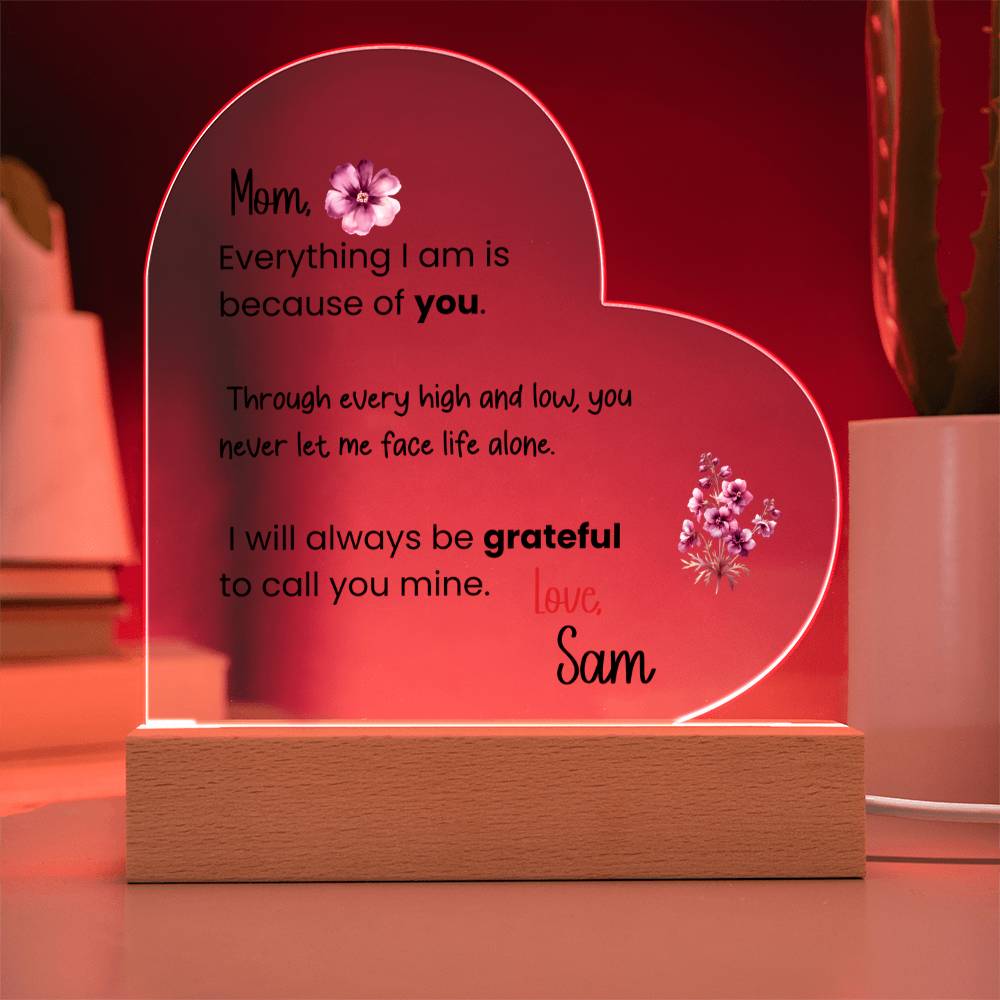 Personalized Mom Acrylic Heart Plaque with LED Light Base – Sentimental Mother Gift from Daughter or Son – Mother’s Day, Birthday, Keepsake Decor