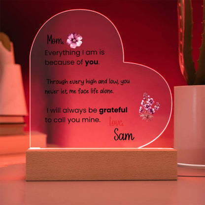 Personalized Mom Acrylic Heart Plaque with LED Light Base – Sentimental Mother Gift from Daughter or Son – Mother’s Day, Birthday, Keepsake Decor