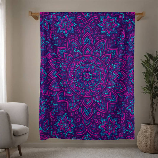 Vibrant purple and turquoise mandala mink touch fleece blanket hanging in cozy modern living room – ultra-soft plush throw with metallic sheen finish