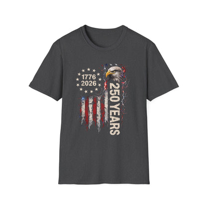 250 Years of Freedom T-Shirt | 1776–2026 USA 250th Anniversary Bald Eagle Patriotic Tee | Gildan Softstyle 64000 Unisex