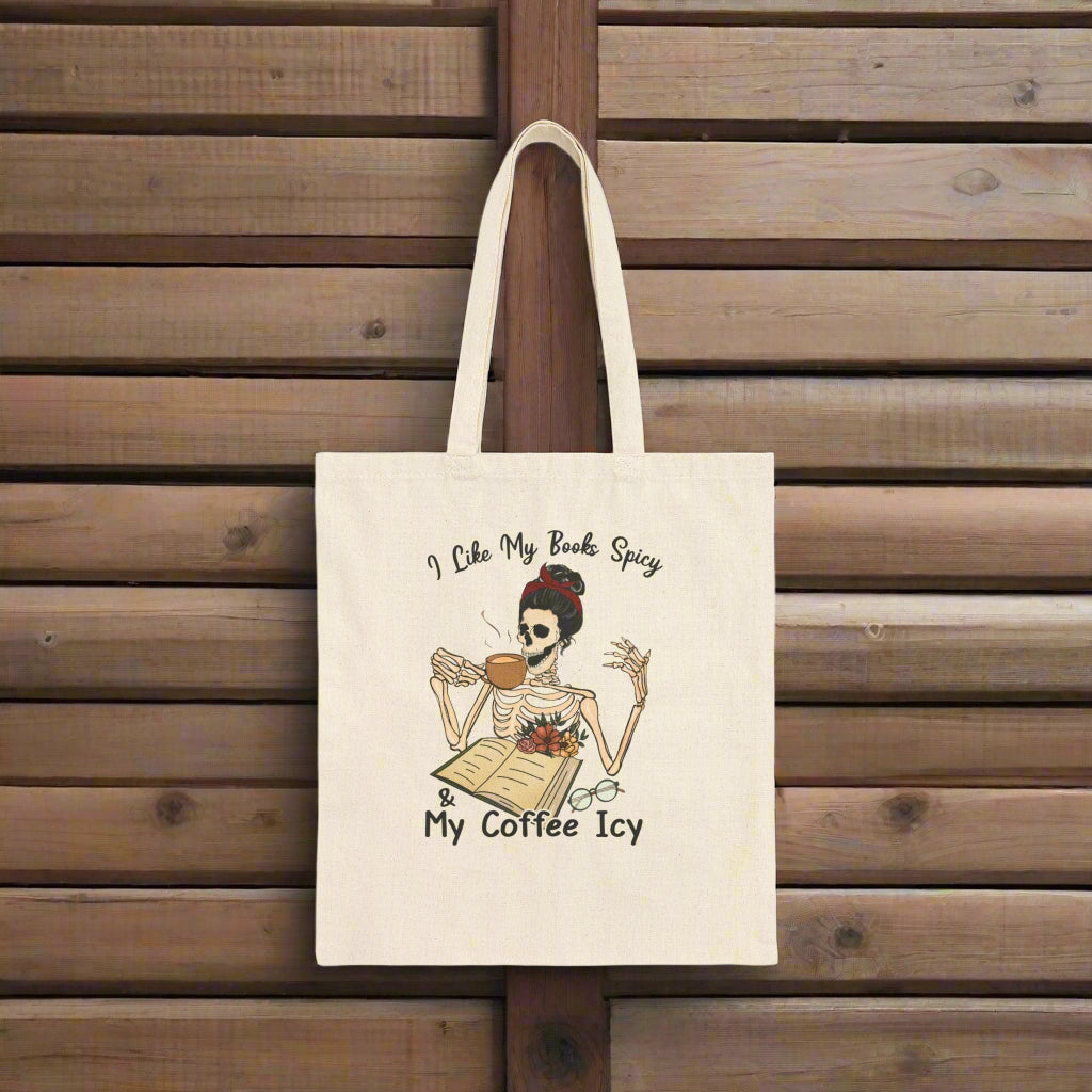 I Like My Books Spicy My Coffee Icy Skeleton Tote Bag - Funny Reading Coffee Lover Canvas Bag
